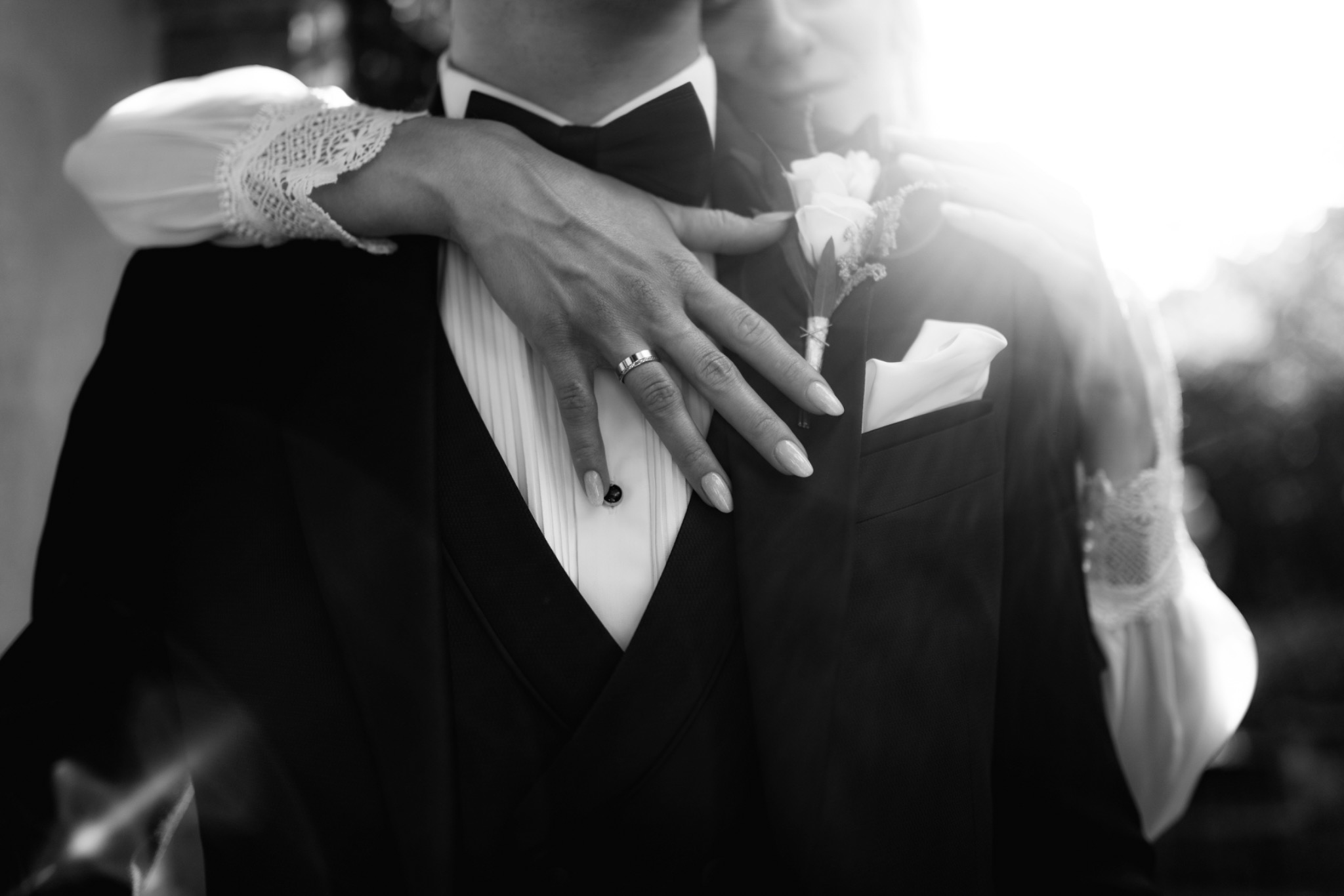 A newly married couple embracing
